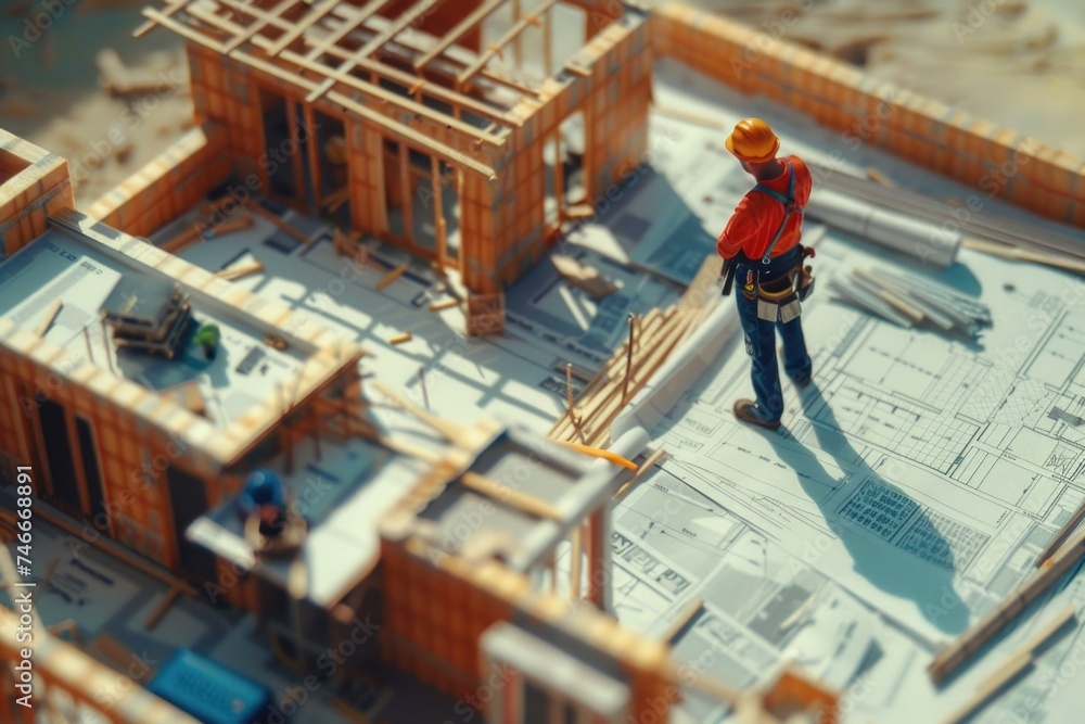 Poster a man standing on top of a building under construction. suitable for construction industry concepts