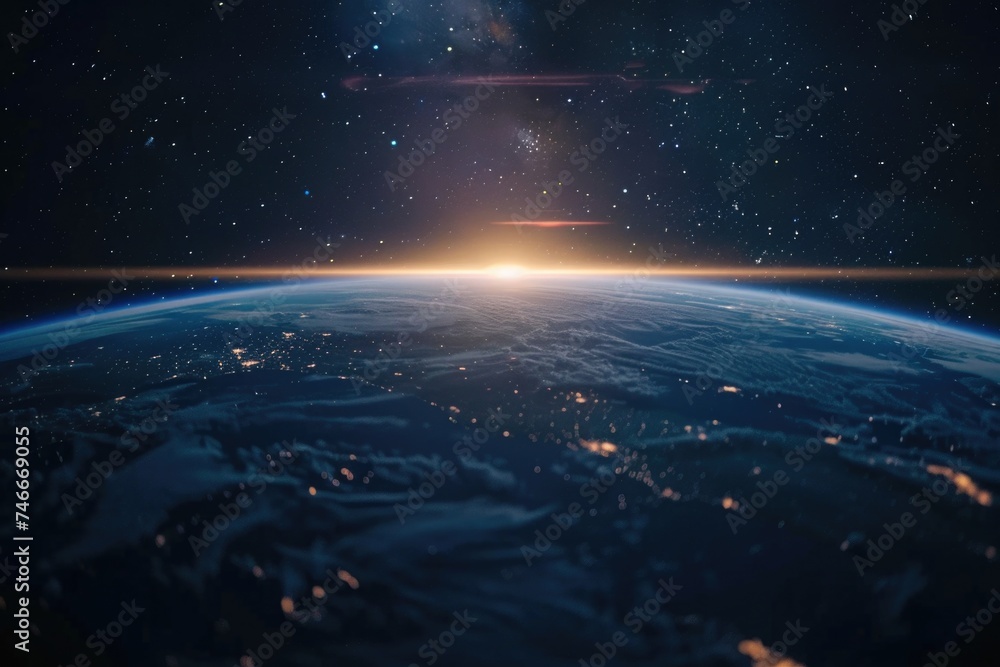 Poster a stunning view of earth from space at night, perfect for science and technology concepts
