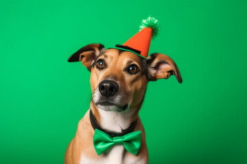 Portrait of a dog in a festive cap. AI generated