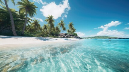 Beautiful sandy beach with palm trees and clear water. Perfect for travel websites and vacation brochures