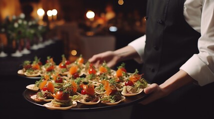 A waiter holding a tray of delicious appetizers, perfect for catering events - obrazy, fototapety, plakaty