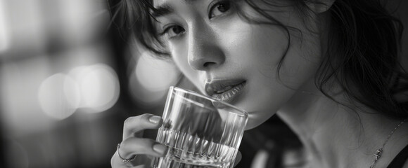 A woman drinking a glass of water. Ideal for health and hydration concepts - obrazy, fototapety, plakaty
