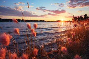 a sunset view with grass and water in the background, in the style of graflex speed graphic, light magenta and sky-blue, light violet and brown - obrazy, fototapety, plakaty