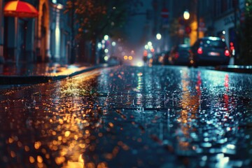 A rainy city street at night with parked cars. Suitable for urban and transportation concepts