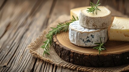 Fototapeta na wymiar Camembert brie cheese with herbs on a rustic wooden background.