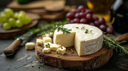 Camembert brie cheese with herbs on a rustic wooden background.