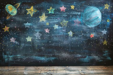 Abstract background with planets and stars drawn with pastel chalks on a board standing on a wooden table