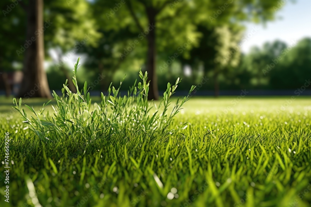 Poster Close up of grass field with trees in the background. Suitable for nature and landscape themes
