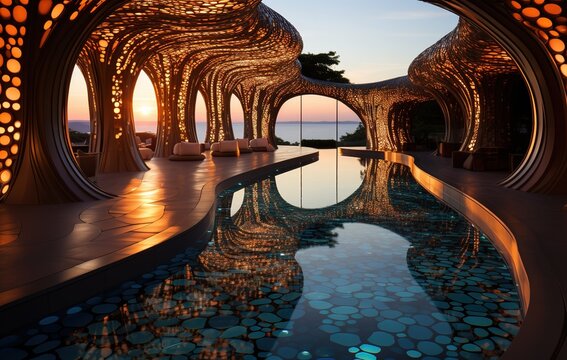 a swimming pool with a sunset view, in the style of mirrored, calm seas and skies, sopheap pich, iconic