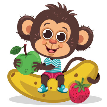 Cartoon monkey character illustration sitting among colourful fruits.