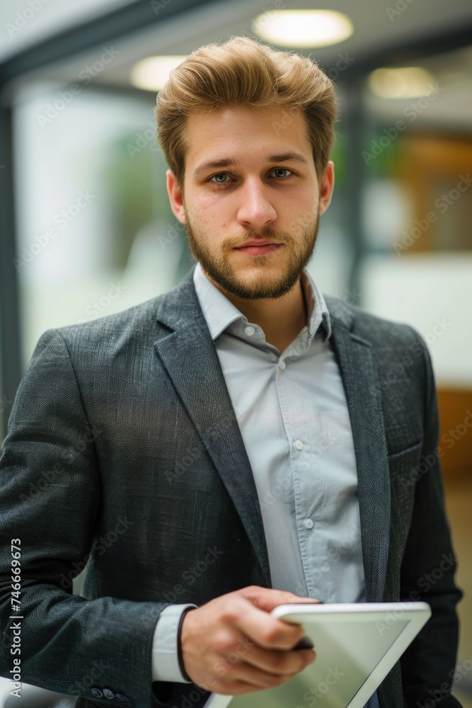 Poster a man in a suit holding a tablet computer, suitable for business concepts