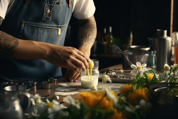 Modern food stylist presenting meal in restaurant, close-up of waiter serving food on plate