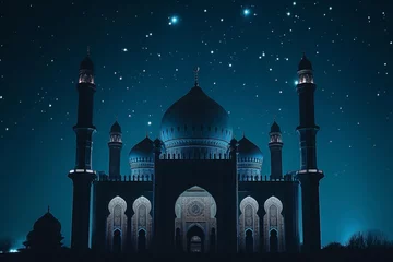 Crédence de cuisine en verre imprimé Half Dome a mosque is illuminated with stars at night sky with blue glow background