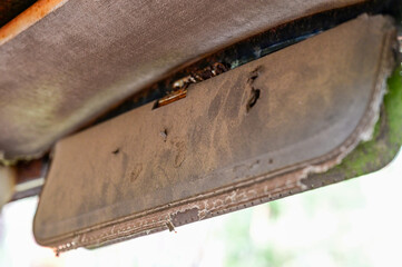 Interieur of Old cars in wild nature on the Kyrko Mosse Car Cemetery, former junkyard, in the...