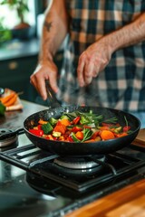 A person cooking vegetables in a pan on a stove. Suitable for food and cooking concepts