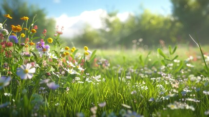A picturesque field of wildflowers and grass under a clear blue sky. Ideal for nature and outdoor-themed designs