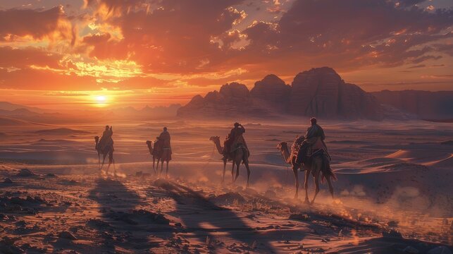 A caravan with bedouins and camels on sand dunes in the Thar desert, creating a magical atmosphere.