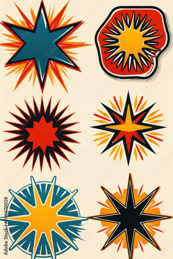 Poster a set of six unique star burst designs, perfect for adding a touch of excitement to your projects