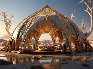 a tent in the middle of a desert with trees in the background, in the style of elaborate facades, bronze and beige, villagecore, glossy finish, stylish - obrazy, fototapety, plakaty