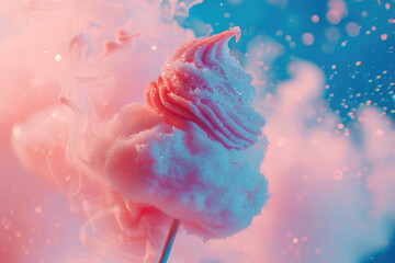 pink cotton candy on a stick, marshmallows in the shape of a pyramid, a shiny air cloud on a stick, on a background with bokeh - obrazy, fototapety, plakaty