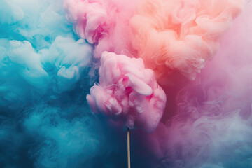 pink cotton candy on a stick, marshmallows, a shiny air cloud on a stick, against a background with abstract bokeh, smoke - obrazy, fototapety, plakaty