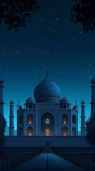 Tableaux ronds sur aluminium brossé Half Dome a mosque is illuminated with stars at night sky with blue glow background
