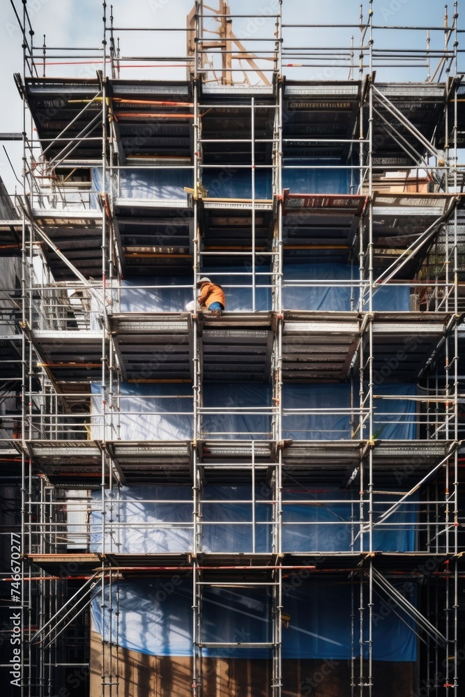 Poster A construction worker on a scaffolding in front of a building. Suitable for construction industry concepts