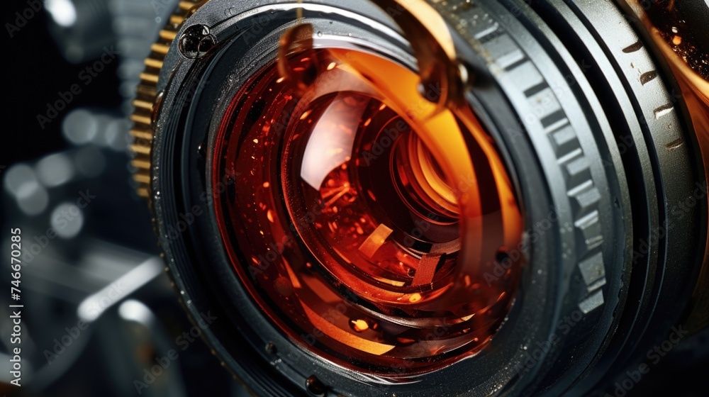 Poster detailed view of a red camera lens. ideal for photography and technology concepts