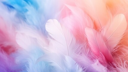 Fototapeta na wymiar Abstract feather rainbow patchwork background. Closeup image of white fluffy feather under colorful pastel neon foggy mist. soft focus
