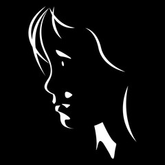 vector black and white light and shadow illustration of child profile silhouette. isolated on black background. useful for kids product advertising, web, graphic design, logo, print, poster