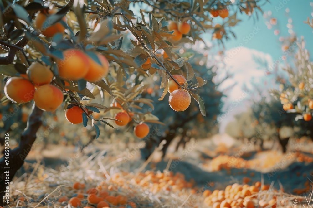 Poster fresh oranges growing on trees in an orchard. suitable for agricultural concepts