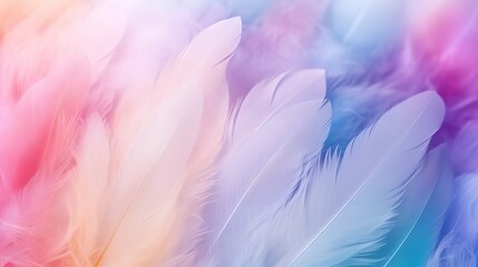 Abstract feather rainbow patchwork background. Closeup image of white fluffy feather under colorful pastel neon foggy mist. soft focus