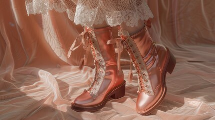 Vintage Chic Boots, person with a pair of pink and grey boots is wearing satin and velvet shoes with lace trim and bows - obrazy, fototapety, plakaty