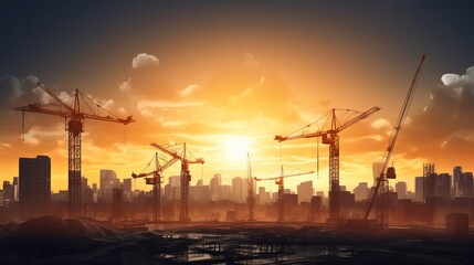 Abstract Industrial background with construction cranes and sunlight