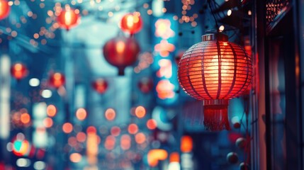 A street filled with red lanterns, perfect for festive occasions - obrazy, fototapety, plakaty