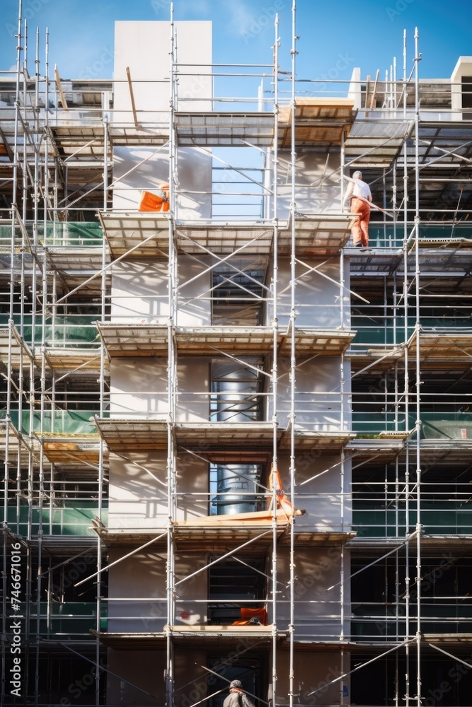 Aufkleber A man standing on a scaffolding platform in front of a building. Ideal for construction or renovation concepts