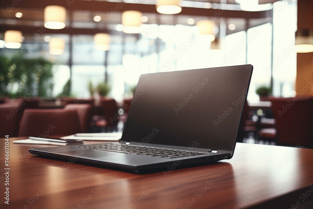 Poster modern laptop on rustic wooden surface, suitable for technology and workspace concepts