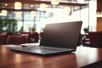 Fototapeta premium Modern laptop on rustic wooden surface, suitable for technology and workspace concepts