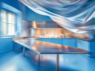 Surreal kitchen scene with a flowing white fabric in motion, creating an ethereal atmosphere against the vibrant blue backdrop