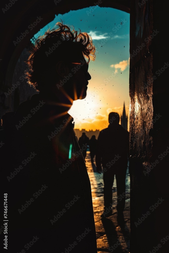 Poster a silhouette of a person standing in a doorway. suitable for various concepts and designs