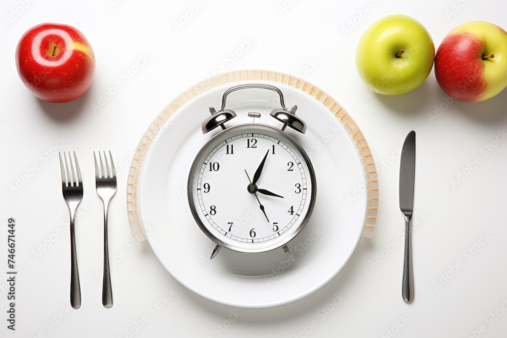 Poster a classic alarm clock placed on a white plate. suitable for various concepts and designs