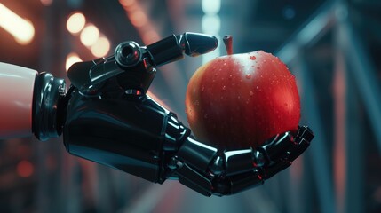 Futuristic GMO Concept with Robotic Hand, robotic hand delicately holds a glistening red apple, symbolizing the intersection of technology and genetically modified food