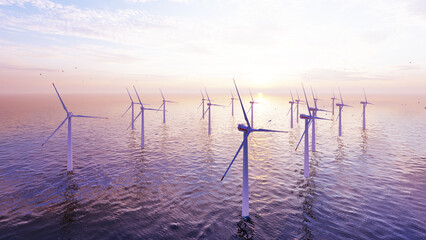 Offshore wind turbines farm on the ocean. Sustainable energy production, clean power. Close-up wind...
