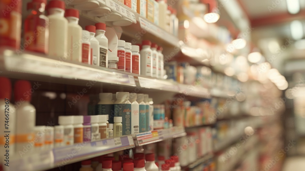 Poster Various bottles of liquid neatly arranged on a store shelf. Ideal for product display concepts