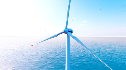 Offshore wind turbines farm on the ocean. Sustainable energy production, clean power. Close-up wind...