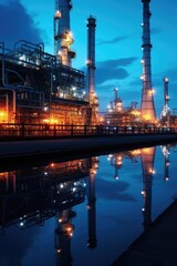 Fototapeta na wymiar Industrial oil refinery at night with reflection in water. Suitable for energy and manufacturing concepts