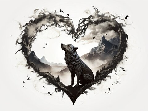 A white wolf in the heart, on a white background.