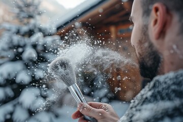 Focused man creating a puff of snow, showcasing the fleeting beauty of winter moments and the joy of seasonal simplicity - obrazy, fototapety, plakaty