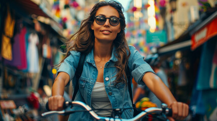 A stylish young woman riding a bicycle in the city with a smile.