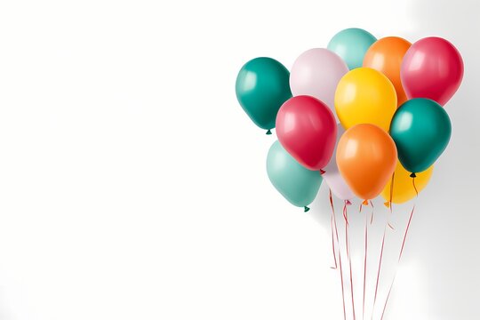 A joyful display of birthday balloons on a white background, designed as a mockup with copy space, photographed in high definition to bring out the festive atmosphere with realism